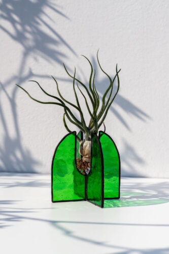 Handmade stained glass suncatcher stand with air plants, decorative standing home décor