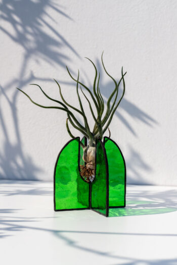 Handmade stained glass suncatcher stand with air plants, decorative standing home décor