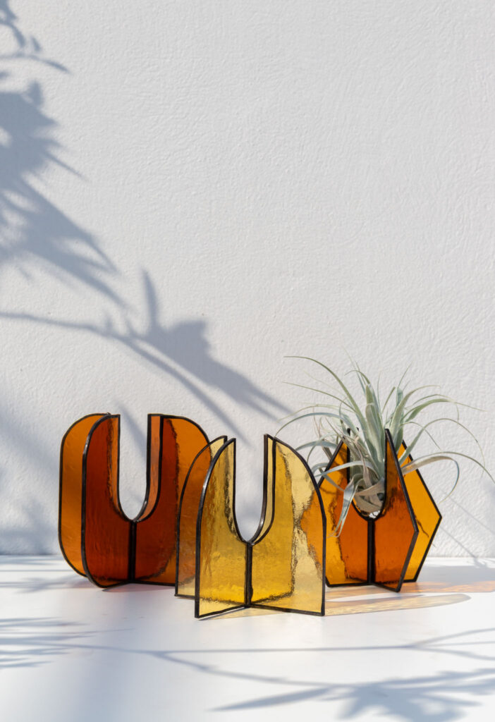 Handmade stained glass suncatcher stand with air plants, decorative standing home décor