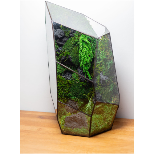 Handmade zero-maintenance moss terrarium featuring stabilized moss in a Tiffany-style glass enclosure