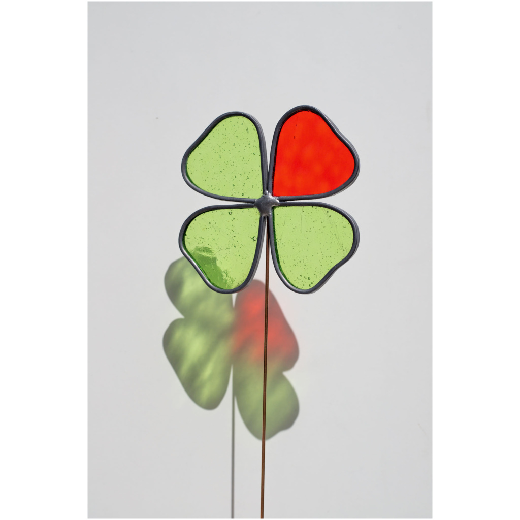 Stained glass four-leaf clover suncatcher on spike for plant pot or garden