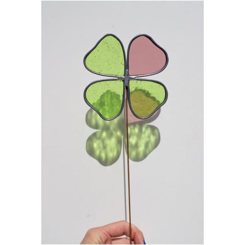 Stained glass four-leaf clover suncatcher on spike for plant pot or garden