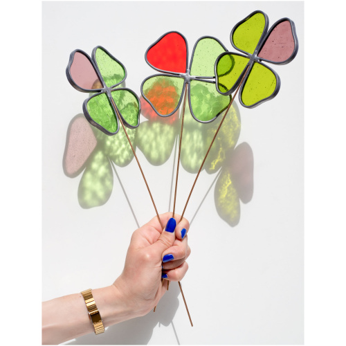 Stained glass four-leaf clover suncatcher on spike for plant pot or garden