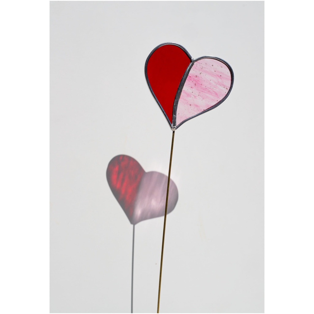 Stained glass suncatcher heart on spike for plant pot or garden