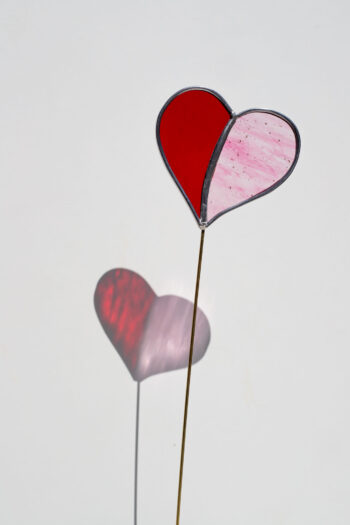 Stained glass suncatcher heart on spike for plant pot or garden