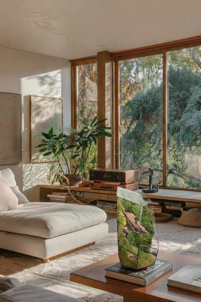 Stabilized moss terrarium for zero-care home decor and sustainable interior design