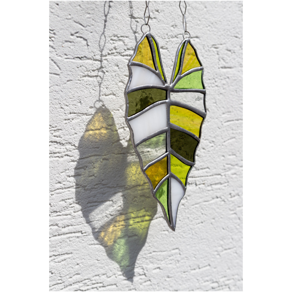 Handmade stained glass suncatcher with alocasia plant design, hanging window decoration