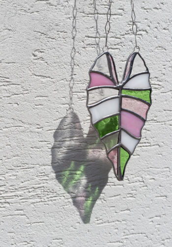 Handmade stained glass suncatcher with alocasia plant design, hanging window decoration