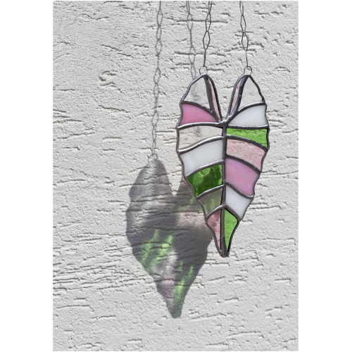 Handmade stained glass suncatcher with alocasia plant design, hanging window decoration