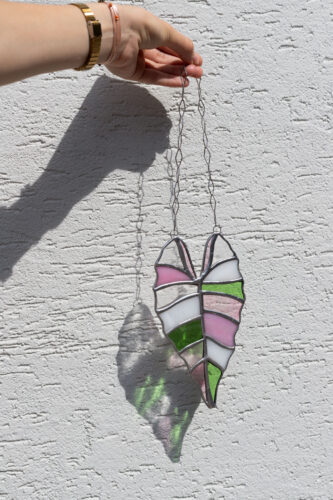 Handmade stained glass suncatcher with alocasia plant design, hanging window decoration