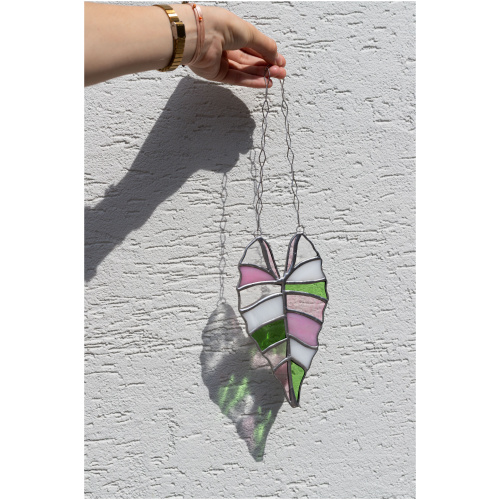 Handmade stained glass suncatcher with alocasia plant design, hanging window decoration