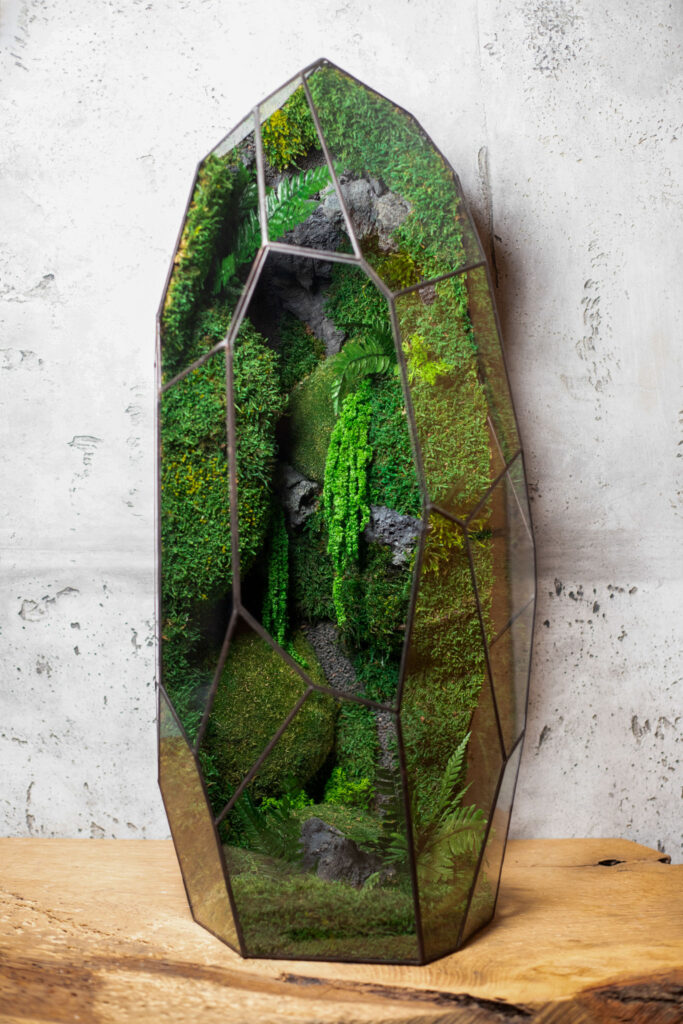 Exclusive stabilized moss glass terrarium, luxury low-maintenance home decor, nature-inspired design
