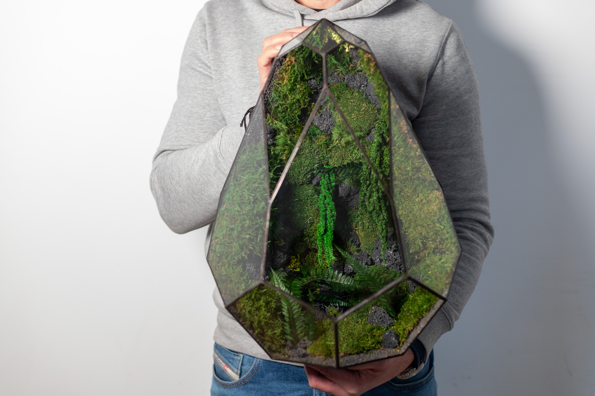 Low Maintenance Moss Terrarium – Avocado held in hand, handmade Tiffany-style glass container