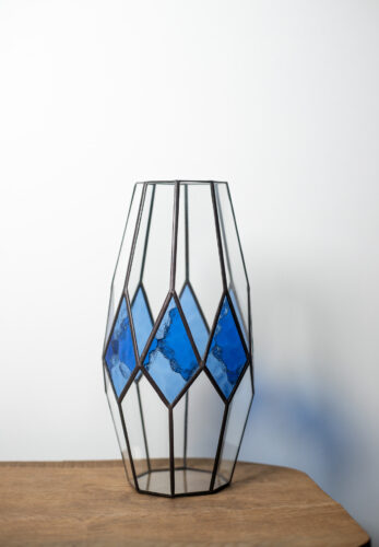 Handmade Stained Glass Fusion Vase with vibrant blue glass, crafted using Tiffany technique. Perfect as home decor or a unique gift.