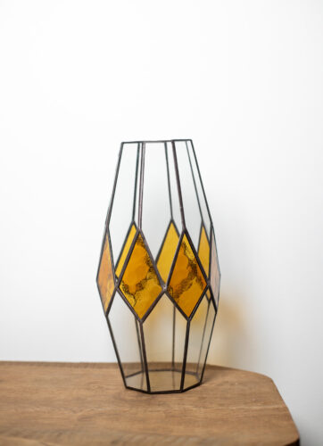 Handmade yellow stained glass fusion vase by DuosGlass, unique decorative glass art for modern interiors.