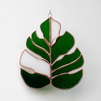 Handmade stained glass Monstera Deliciosa leaf by DuosGlass – light and dark green glass, Tiffany technique, decorative piece for home, office, or window