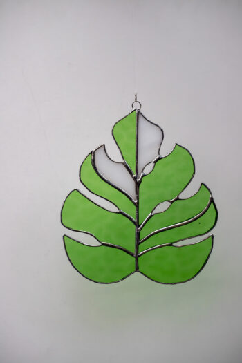 Handmade stained glass Monstera Deliciosa leaf by DuosGlass – light and dark green glass, Tiffany technique, decorative piece for home, office, or window