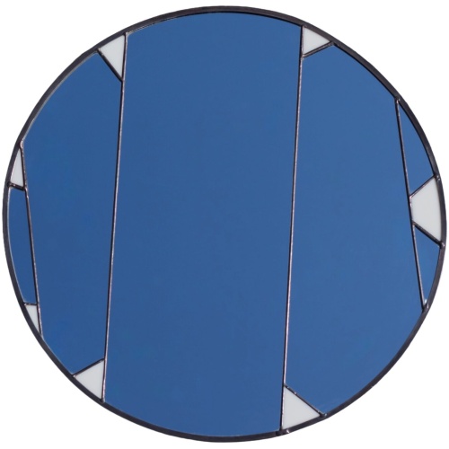 Designer round stained glass mirror featuring a handcrafted fluid pattern and modern artisan metalwork by Duosglass.