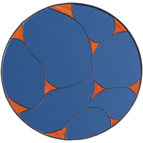 Designer round stained glass mirror featuring a handcrafted fluid pattern and modern artisan metalwork by Duosglass.