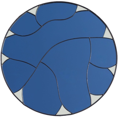 Designer round stained glass mirror featuring a handcrafted fluid pattern and modern artisan metalwork by Duosglass.