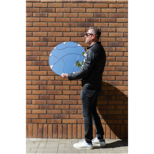 Designer round stained glass mirror featuring a handcrafted fluid pattern and modern artisan metalwork by Duosglass.