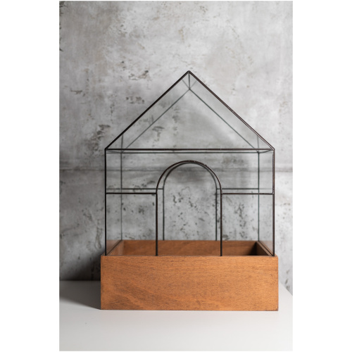 Handmade wardian case glass terrarium in house shape with arched opening