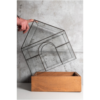 Handmade wardian case glass terrarium in house shape with arched opening