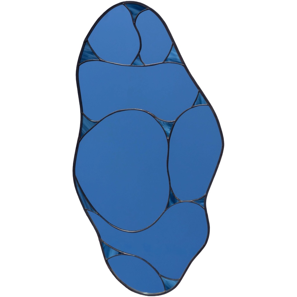 Designer wavy stained glass mirror with organic blue accents and handcrafted metalwork, a unique interior statement wall decor by Duosglass.